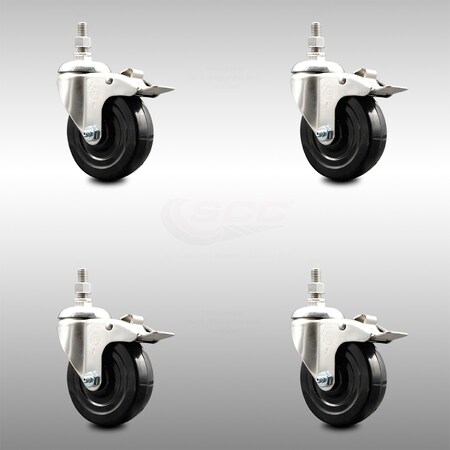 Service Caster 4 Inch 316SS Soft Rubber Swivel 12mm Threaded Stem Caster Set Lock Brake SCC SCC-SS316TSTTL20S414-SRS-M1215-4